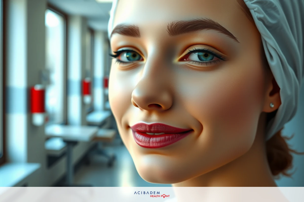 The image features a woman with a professional look, likely a hospital or clinic. She is wearing a hairnet, suggesting she might be preparing for a rhinoplasty or has just finished one. The setting appears to be a modern medical room.