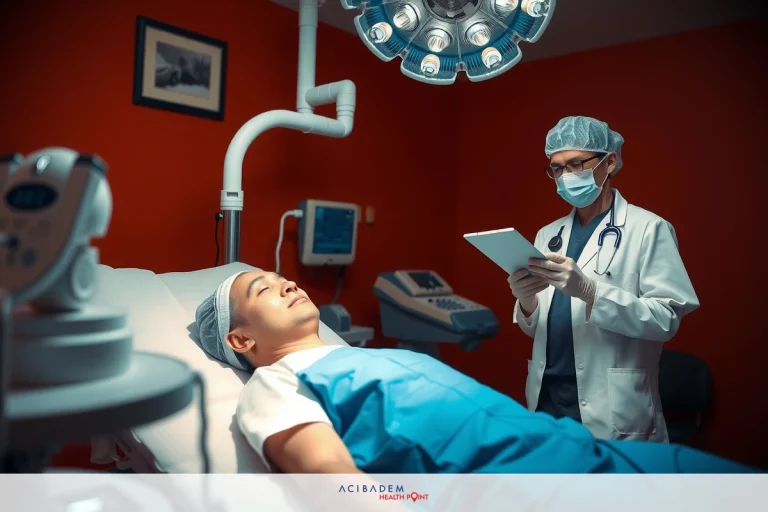 In a medical setting, a doctor in scrubs and mask is examining a patient who is laying on a hospital bed. The patient appears to be awake and alert as the doctor takes notes.