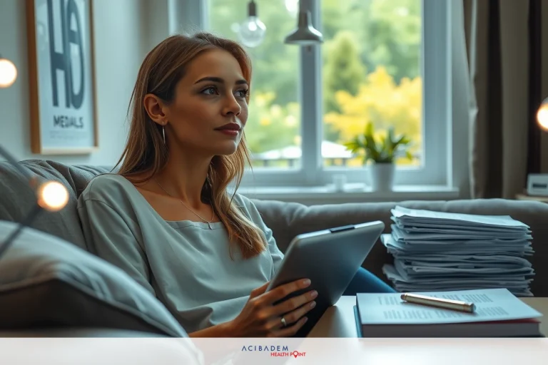 The image shows a woman sitting in an indoor setting, likely a home office. She appears to be focused on her work, holding a tablet or notebook and papers in front of her. The room has a bright, natural light that illuminates the space, indicating it's daytime.