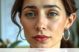 The image features a close-up of a woman's face. She has distinctive blue eyes and her hair is styled in an updo. The background is not fully visible but appears to be indoors with warm tones.