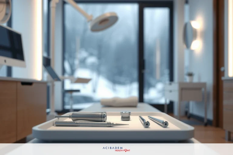 The image shows a modern surgery room. The focus is on the well-organized, clean workspace with medical tools and equipment neatly arranged on a white countertop.