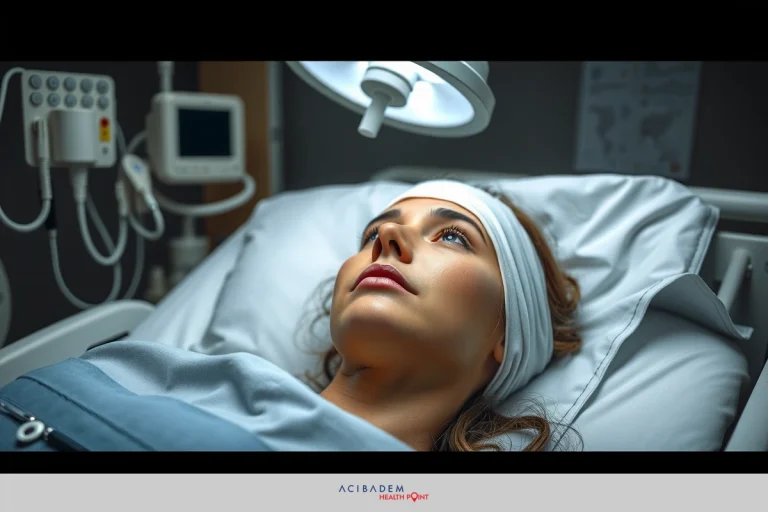 How Long to Wear Drip Pad After Rhinoplasty The image depicts a hospital scene with a woman. The woman is lying on her back, possibly undergoing rhinoplasty. She is in a well-lit hospital room with medical equipment visible in the background.