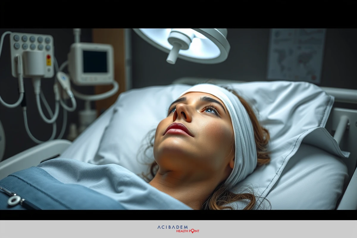 The image depicts a hospital scene with a woman. The woman is lying on her back, possibly undergoing rhinoplasty. She is in a well-lit hospital room with medical equipment visible in the background.