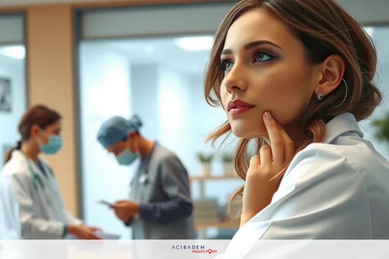 This is an image of a medical professionals in what appears to be a hospital setting. The focus is on a woman dressed in white lab coat, looking pensive or serious. There's a blurred background suggesting hustle and bustle typical of a healthcare environment.