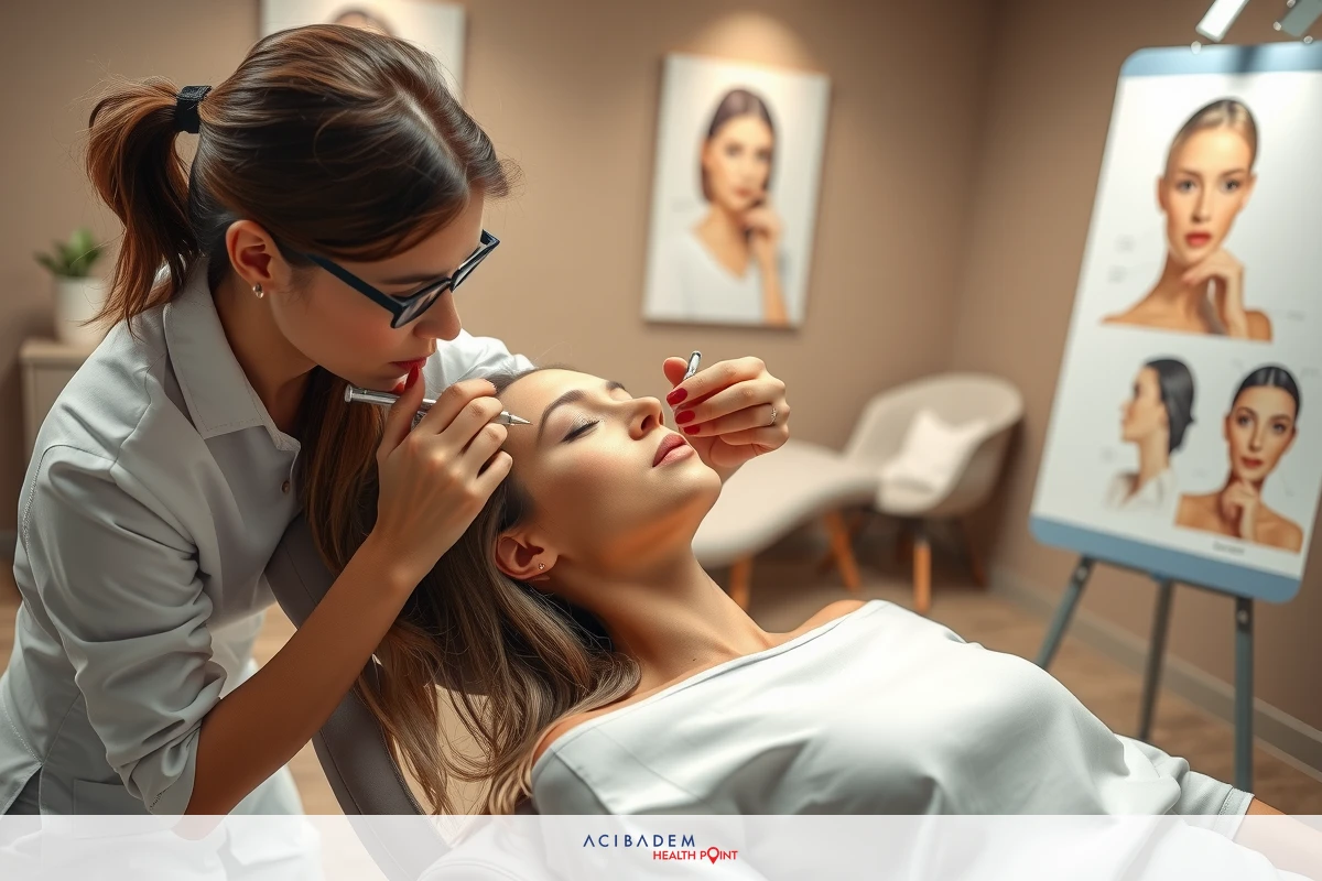 The image shows a professional salon setting with two women. The woman on the left, wearing a lab coat, is seated behind another woman who is lying down in a chair.