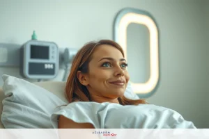 A woman is lying in a hospital bed, smiling and looking at the camera. She is wearing a white gown with her hair pulled back. The room has medical equipment visible in the background.