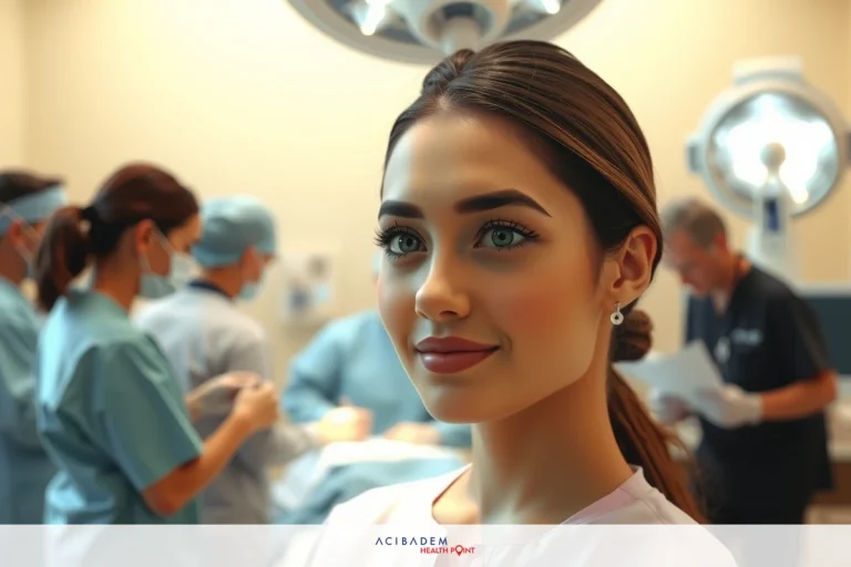 This is a photograph taken in an operating room. There's a woman, likely a patient, with her expression indicating concern or awareness of the ongoing surgery. She is surrounded by medical professionals who are focused on their tasks. The environment suggests a sterile medical setting.