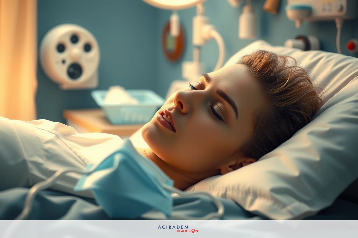 Image of woman lying in a hospital bed with medical equipment around her. She appears to be sedated, and the environment suggests a clinical setting.