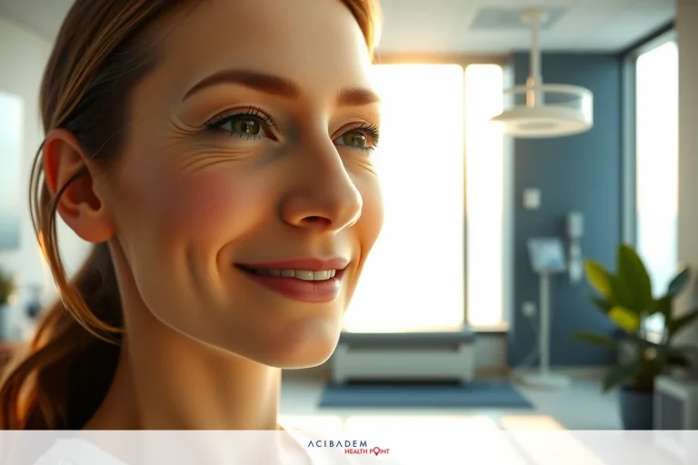 A woman smiling at the camera, sitting in a modern office. The image has a warm tone with light bouncing off the floor, suggesting it is either dawn or dusk. She appears happy and relaxed.