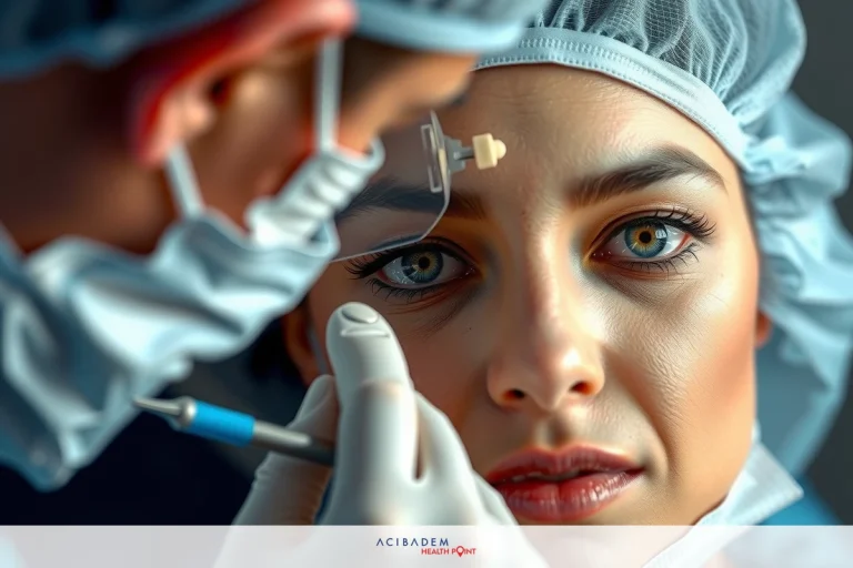 The image depicts a medical setting where a surgeon is working on a patient's nose. The patient, presumably a woman given the visible features and context, appears calm under the scrutiny of the doctor's probing.