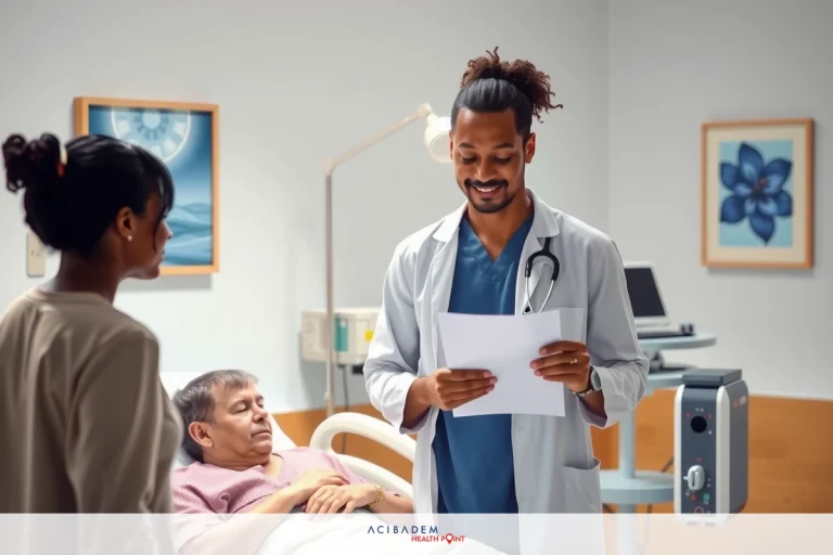 A patient is on a hospital bed in an indoor setting. A doctor, dressed in medical attire, is standing beside the bed with a clipboard and papers. The presence of healthcare professionals indicates that the scene is taking place within a medical facility.