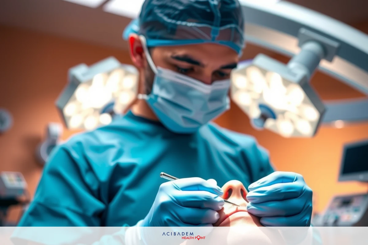The image shows a plastic surgeon in the process of performing an rhinoplasty. The surgeon is wearing full medical attire including gloves, and a mask. The environment suggests a well-equipped clinical setting.