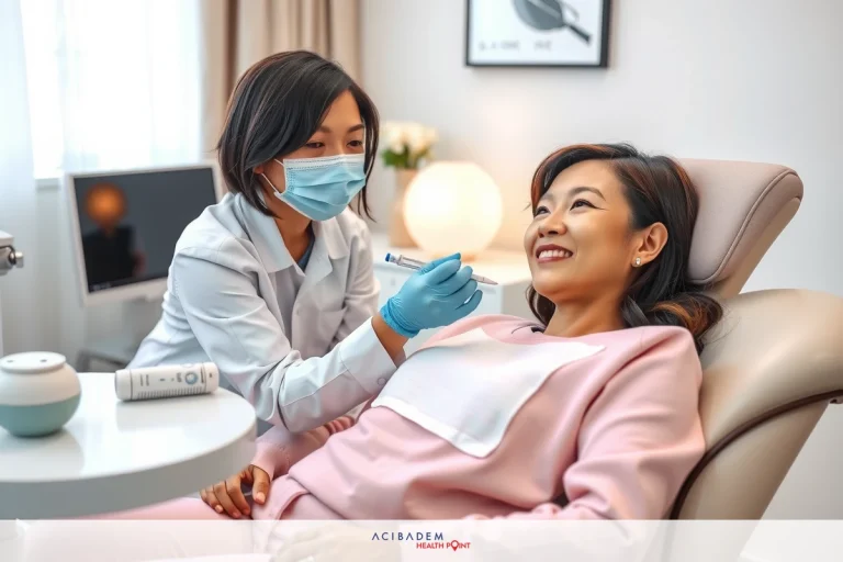 Does Non-Surgical Rhinoplasty Hurt? The image shows a professional medical setting with two individuals involved in an examination. The patient is seated on a chair, and the plastic surgeon stands over her. The environment is clean and well-lit with modern medical equipment visible.