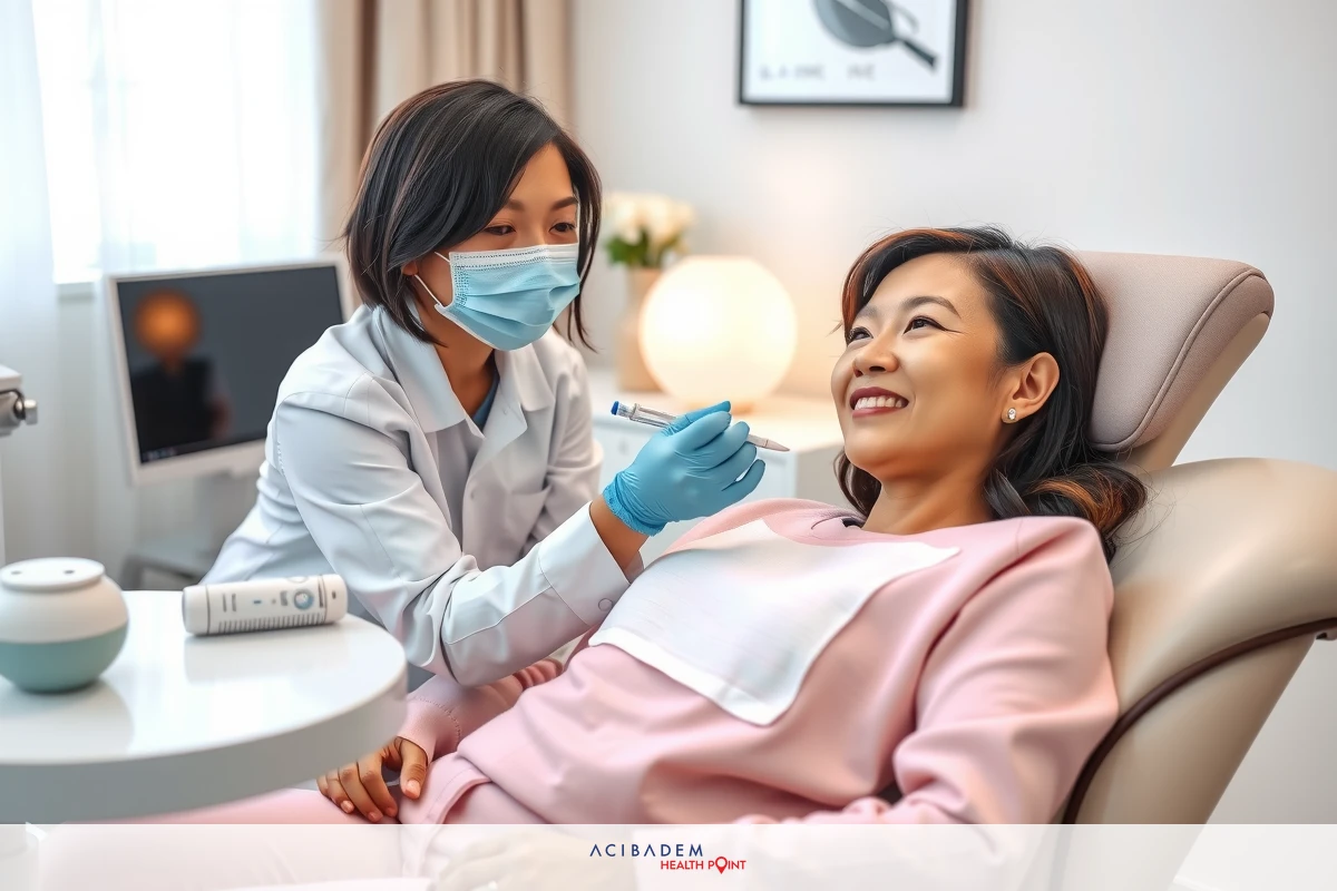 The image shows a professional medical setting with two individuals involved in an examination. The patient is seated on a chair, and the plastic surgeon stands over her. The environment is clean and well-lit with modern medical equipment visible.