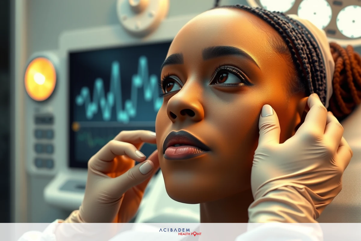 This is a photograph featuring a woman sitting in what appears to be a medical setting, receiving an examination or treatment. The focus on the woman's face indicates that her skin condition or features are of interest. There are clinical elements such as a digital screen displaying heart rate and other patient data.