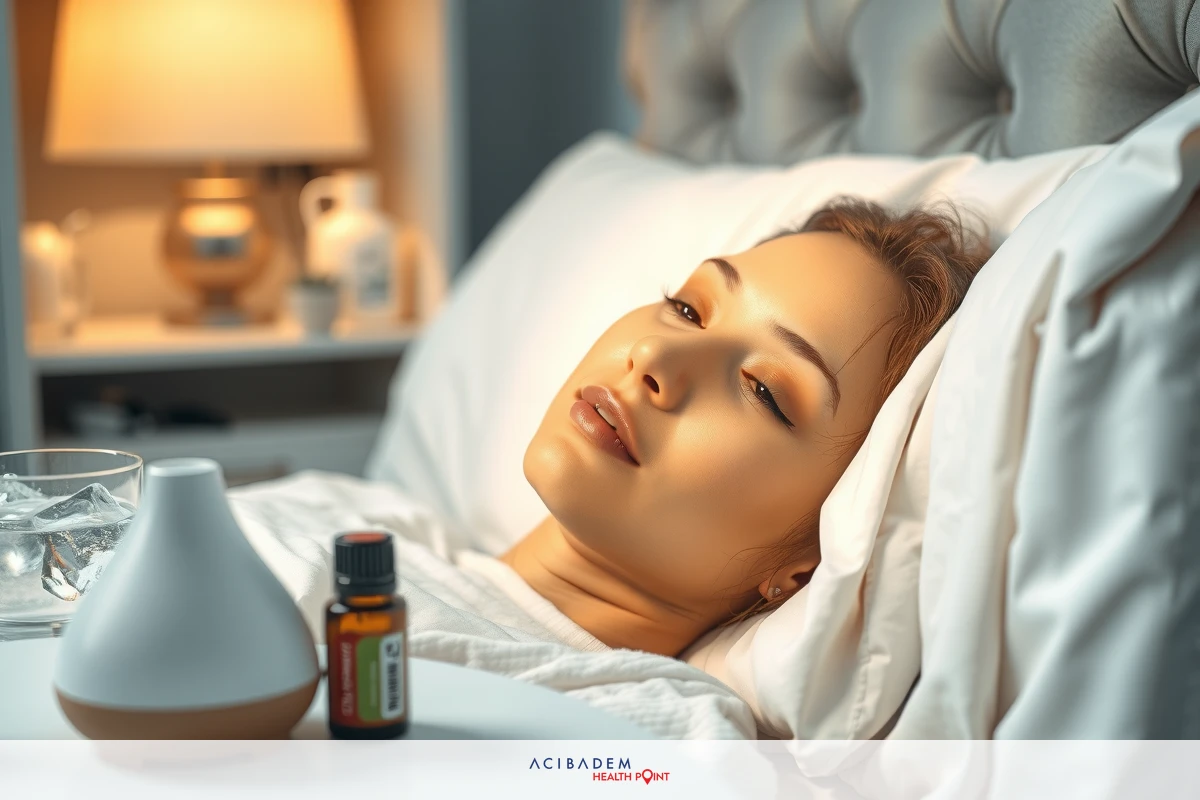 The image shows a woman in bed with her eyes half opened, indicating she is resting. In front of her on the bed is an oil diffuser and various bottles which might be essential oils for relaxation or wellness purposes.