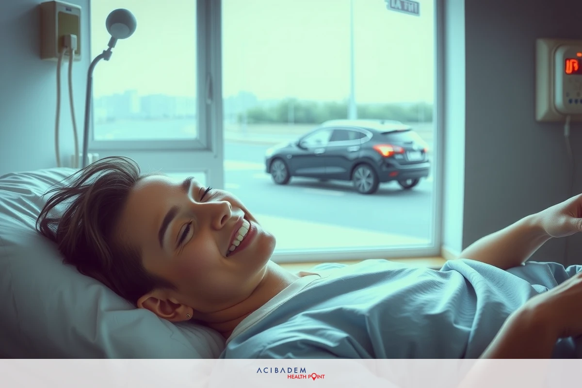 In the image, there is a person lying in a hospital bed. The environment suggests a medical setting with sterile white walls and what looks like a nurse's call button on one side. There is natural light coming in through a window, indicating that it might be daytime.