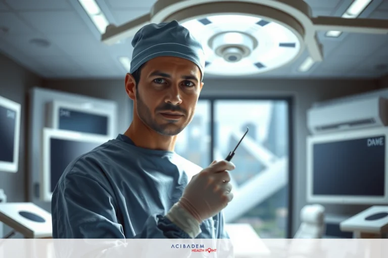 How Much Does Septoplasty and Rhinoplasty Cost The image shows a male surgeon in an operating room. He is dressed in blue surgical scrubs and wears surgical gloves. The surgeon is holding surgical instruments, likely preparing for or in the midst of performing a medical procedure.