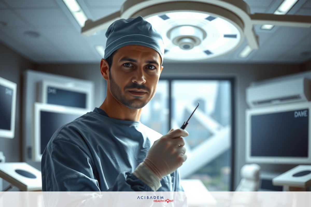 The image shows a male surgeon in an operating room. He is dressed in blue surgical scrubs and wears surgical gloves. The surgeon is holding surgical instruments, likely preparing for or in the midst of performing a medical procedure.