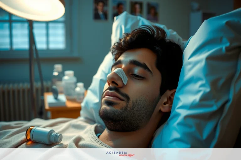 How Long Does Nose Hurt After Rhinoplasty A man is lying in a hospital bed with bandages on his nose, possibly due to an rhinoplasty. The room has medical equipment and various items typically found in a hospital setting.