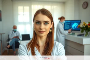 A woman in a white lab coat, posing for the camera with a smile in an office setting. The room is well lit, and there's medical equipment visible behind her.