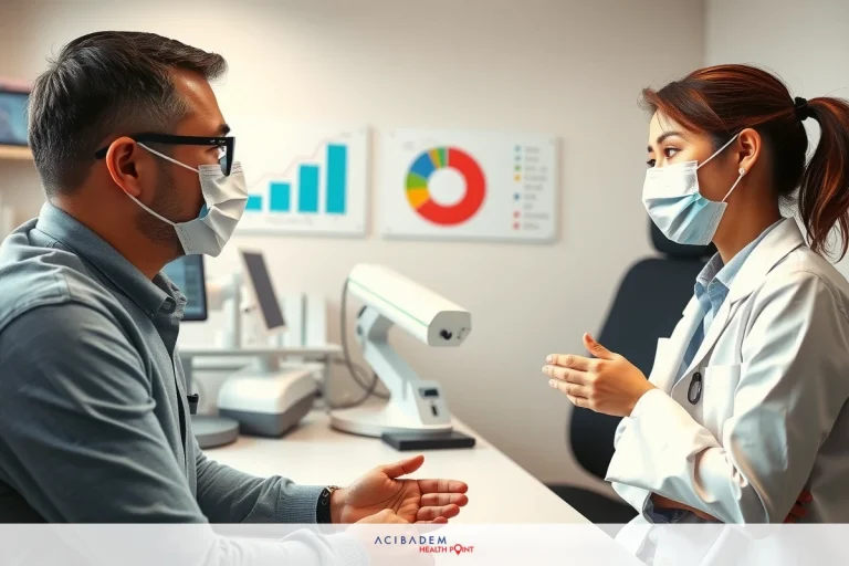 The image shows two individuals in a room with medical equipment, likely healthcare professionals discussing some medical matter. The person on the left is wearing a face mask and appears to be speaking or explaining something while looking at the other person who is also wearing a face mask and listening attentively.