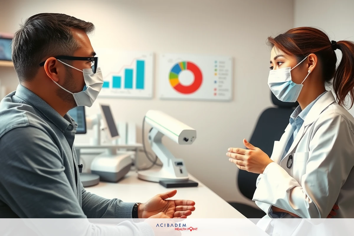 The image shows two individuals in a room with medical equipment, likely healthcare professionals discussing some medical matter. The person on the left is wearing a face mask and appears to be speaking or explaining something while looking at the other person who is also wearing a face mask and listening attentively.