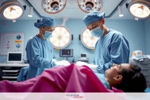 The image depicts a medical operating room. There are two surgeons wearing full surgical attire, including caps, gowns, and gloves. One is standing at the head of the patient's bed while the other is standing beside it. The patient is lying on an operating table with pink sheets, and there is medical equipment visible around them, such as an overhead lamp for illumination during surgery.