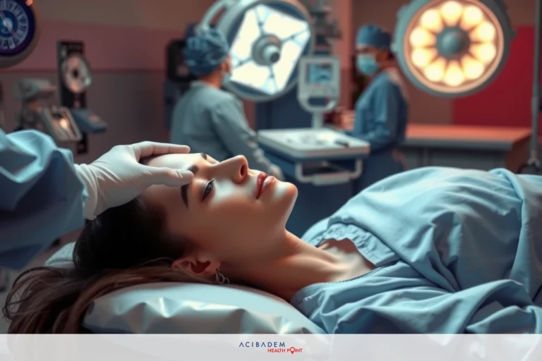 In the image, a woman is lying on her back on an operating table in what appears to be a medical setting. There are two doctors present; one is wearing surgical gloves and seems to be conducting a medical procedure or examination on the woman's nose.