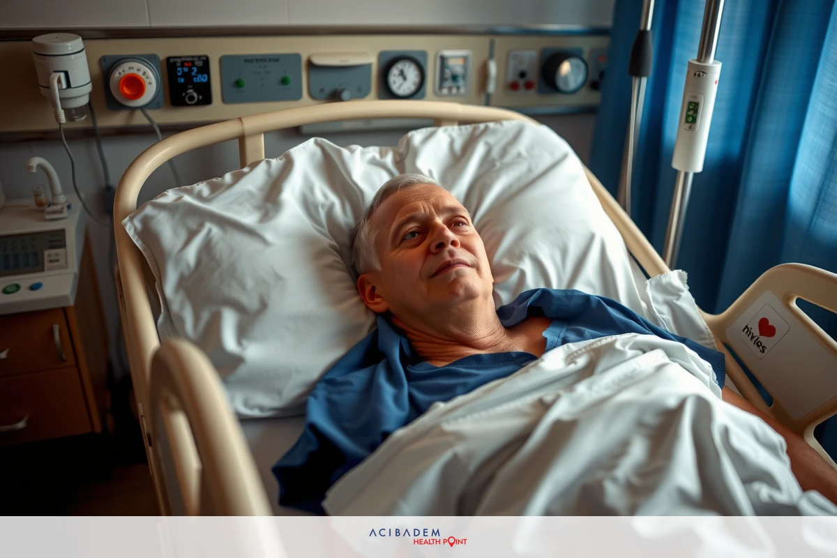 This is a photograph of an elderly gentleman lying in a hospital bed. He appears to be resting or possibly receiving medical treatment, given the context of the setting. The hospital room includes medical equipment and monitoring devices on the wall behind him.