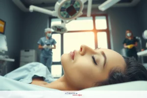 Medical scene. Woman lying in hospital bed with doctors around her. The focus is on the patient's face, indicating an important medical event or moment.