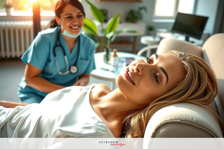Two women in a modern clinic. One is sitting comfortably on a chair, the other stands behind her with medical equipment. Both are smiling and seem to be engaged in a friendly interaction.