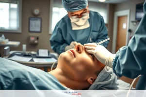 An image capturing the moment of a medical procedure, focusing on surgeons and their patient. The patient is lying down on a hospital bed with surgical tools around them. One doctor appears to be performing a nose operation on the patient's face.