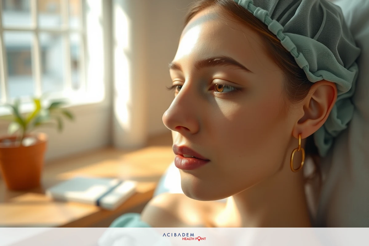 A woman in a hospital setting wearing a hairnet, looking contemplative with her hand to her chin. The environment suggests a calm and clinical atmosphere with natural lighting coming through the window.