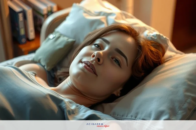 The image shows a woman lying in bed, looking slightly away from the camera. Her facial expression appears relaxed and she is gazing at something or someone off-frame. The bed has white linens and there's a book on the nightstand beside the bed.