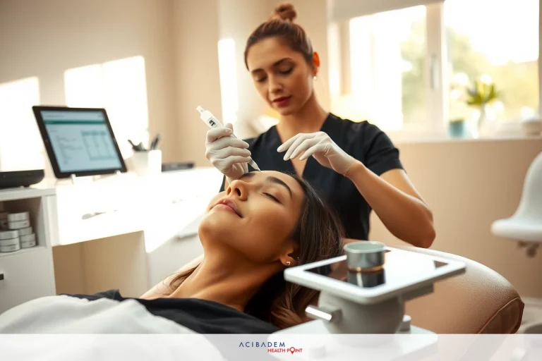 The image shows a professional hair salon setting. A stylist, wearing gloves, is attentively working on the customer's nose with a focus on precision and care. The medical office has a clean and modern atmosphere with natural light coming through the windows.