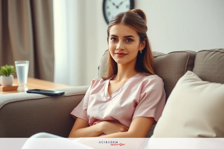 How Long After a Rhinoplasty Can I Drink Alcohol A woman sitting on a couch in an indoor setting, holding a smartphone, wearing a pink top. The environment includes a coffee table with a cup and a plant, suggesting a relaxed or casual atmosphere.