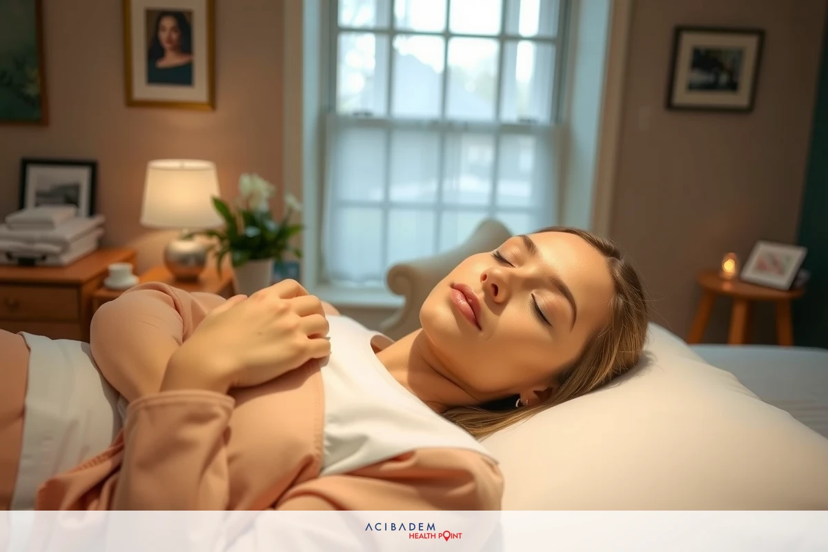 A woman lying in bed with her eyes closed, wearing a beige robe. The room has a cozy and warm ambiance with soft lighting.