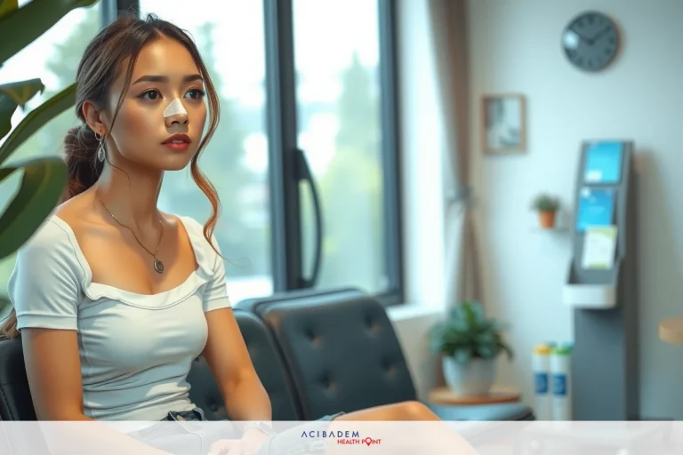 A young woman with a ponytail and red lipstick sitting in an office, wearing a white off-shoulder top and jeans, looking to her right while seated on a black leather chair with her legs crossed, office interior with blurred background.