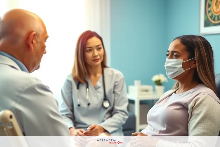 The image shows a professional medical setting with two healthcare workers. A doctor, on the left, is in consultation with a patient seated on an a chair. Both individuals are wearing face masks and medical scrubs. The doctor has medical equipment nearby. The environment is clean and well-lit, indicative of a clinical environment.