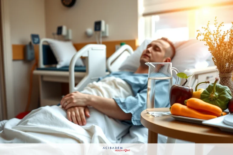 What Can I Eat 2 Months After Gastric Bypass Hospital room with patient lying in bed, medical equipment visible.A tray of food and drinks on the coffee table next to the bed hints that someone will show interest in you or visit you.