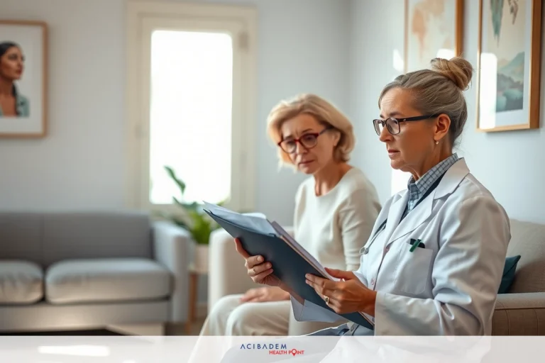 A doctor and a patient in a medical office, seated on couches. The doctor is wearing a white coat and reading documents with the patient looking attentively.
