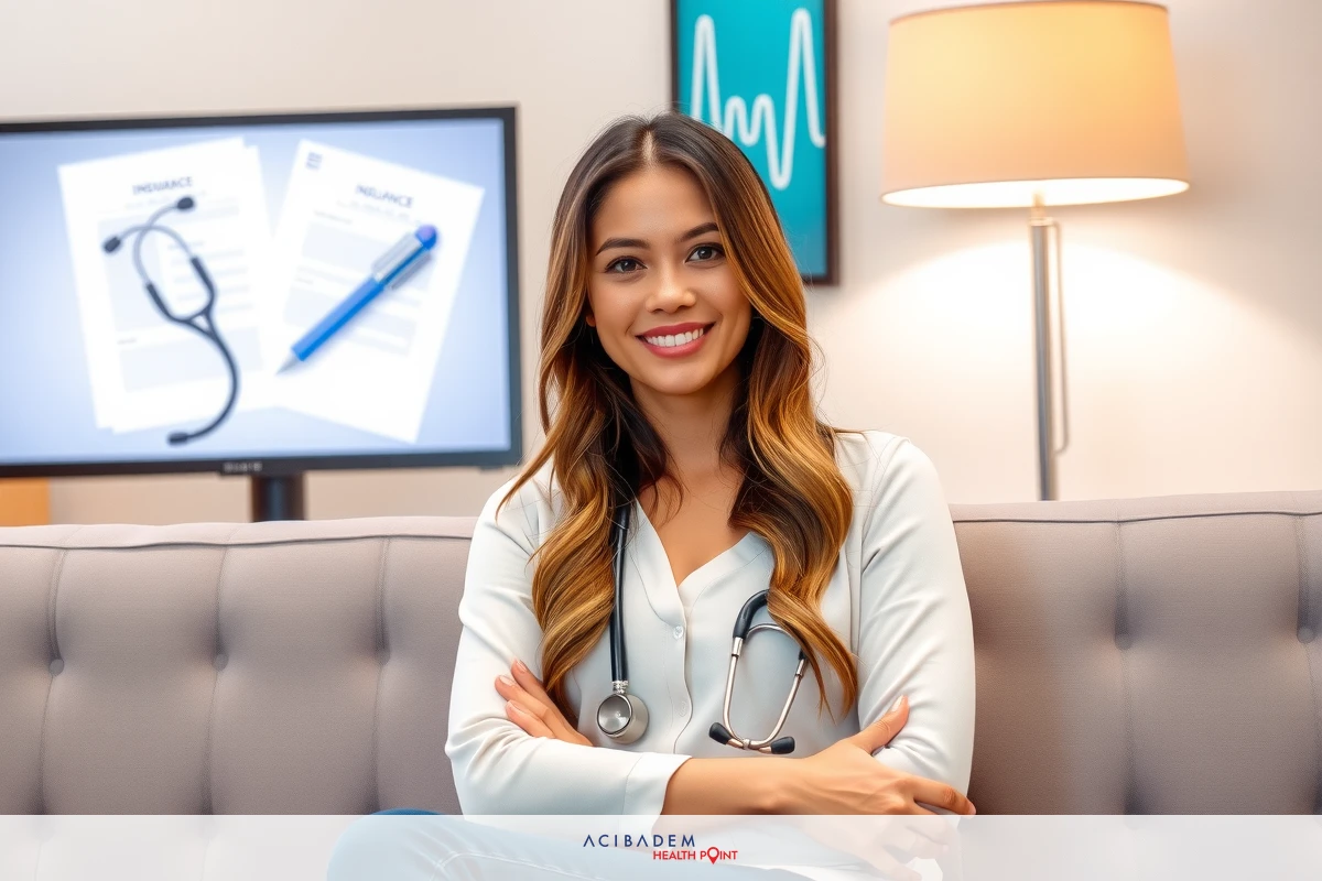 The image shows a woman in a professional setting. She is wearing a white lab coat, suggesting she may be a medical doctor or practitioner. The woman has long hair and is smiling towards the camera. Behind her are what appear to be patient records on a screen, indicating that this could be a doctor's office environment.