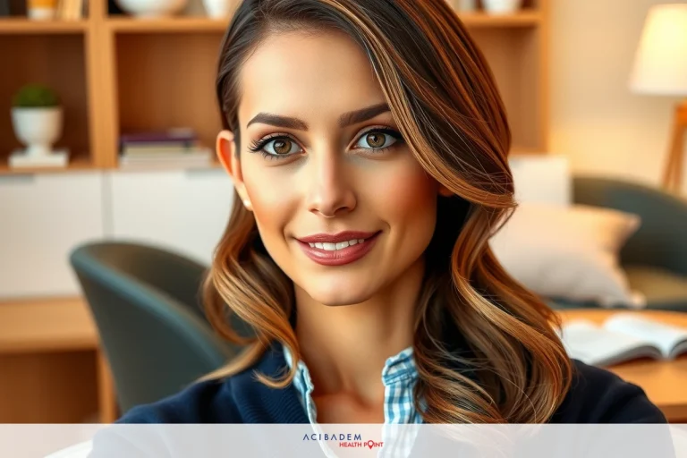 How Much Is Liquid Rhinoplasty? A beautiful, smiling woman with a professional appearance, wearing a light blue shirt and sitting in a modern office environment with a desk area.