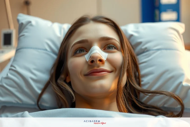 How Long Should I Tape My Nose After Rhinoplasty? A young woman lying in a hospital bed with medical equipment around her, smiling at the camera. The scene suggests she's undergoing treatment or post-operative care.