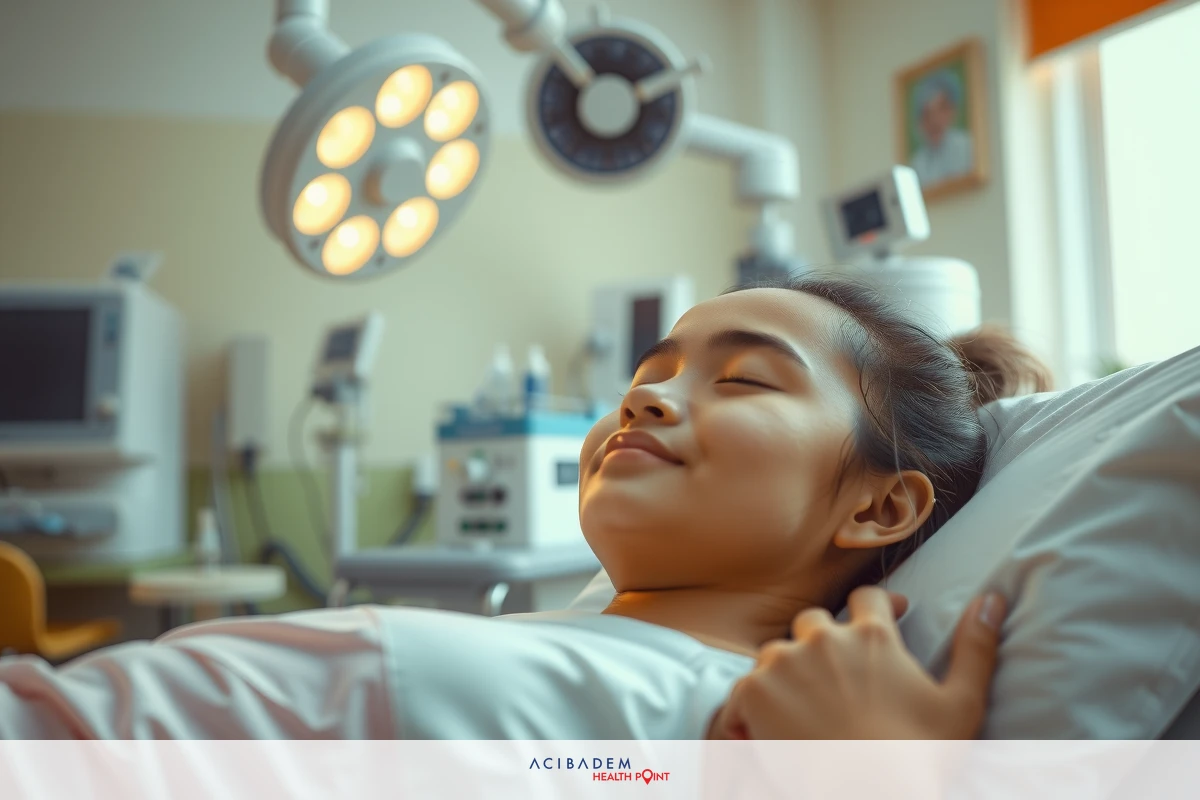 A woman is lying in a hospital bed, smiling gently. The surgical room environment is clean and sterile with medical equipment visible around her.
