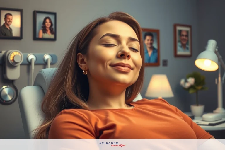The image shows a woman lying down in a medical examination room. She appears to be relaxed with her eyes closed, smiling gently and looking upwards. The environment includes a professional medical setting with various medical equipment visible, such as an adjustable bed and monitoring devices. The color palette is soft and natural, featuring shades of white, grey, and light brown to suggest a clean and clinical atmosphere.