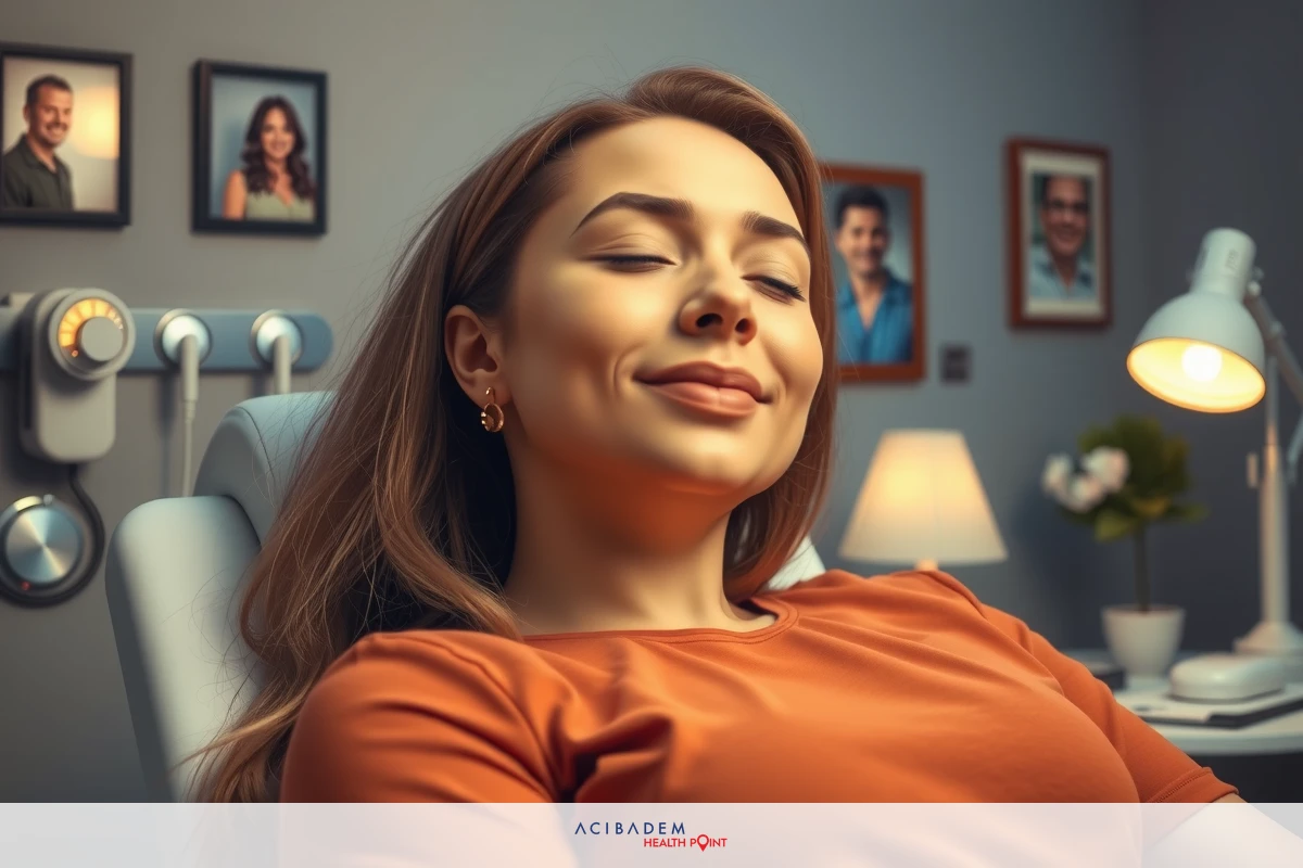 The image shows a woman lying down in a medical examination room. She appears to be relaxed with her eyes closed, smiling gently and looking upwards. The environment includes a professional medical setting with various medical equipment visible, such as an adjustable bed and monitoring devices. The color palette is soft and natural, featuring shades of white, grey, and light brown to suggest a clean and clinical atmosphere.