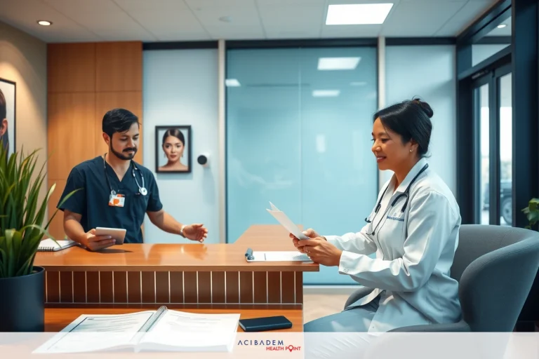 The image shows a professional office setting where two individuals are engaged in a discussion. The person on the left appears to be a medical professional, possibly a nurse or doctor, given the context of the environment and attire. They are holding a clipboard with papers that they may be reviewing during their conversation. Both individuals seem to be focused on the discussion at hand.