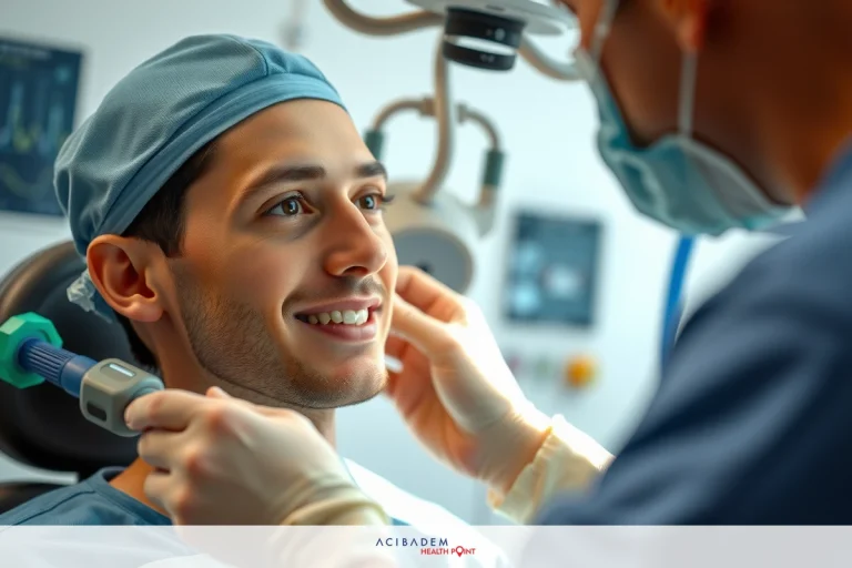 Can You Get a Septoplasty and Rhinoplasty? The image shows an interior surgeon clinic setting with two professionals. On the right, a surgeon wearing scrubs is standing and smiling at his patient who is reclining on a examination chair.